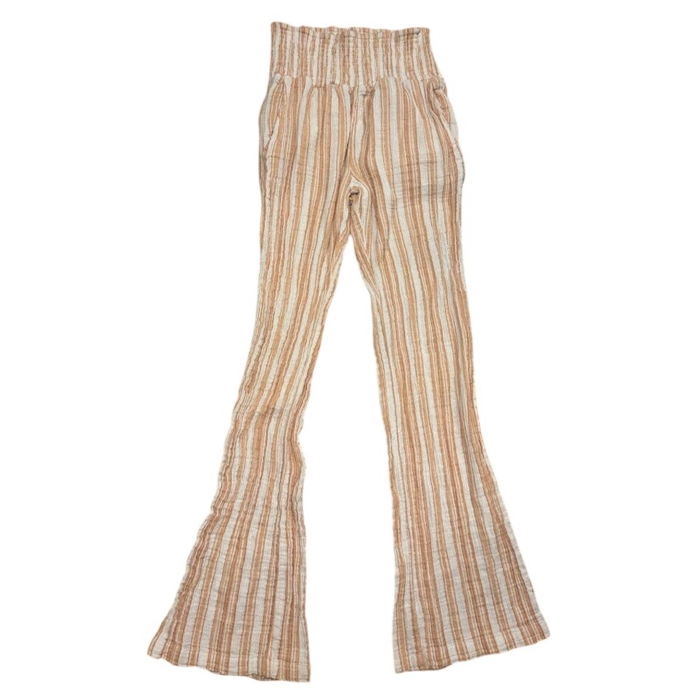 Billabong Womens Tan White Striped Smocked High Waist Flare Pants Size Medium